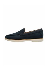 Marinblå slip-on sko i läder med en slät yta, med en ljusgummisula och subtila sömdetaljer längs ovandelen.