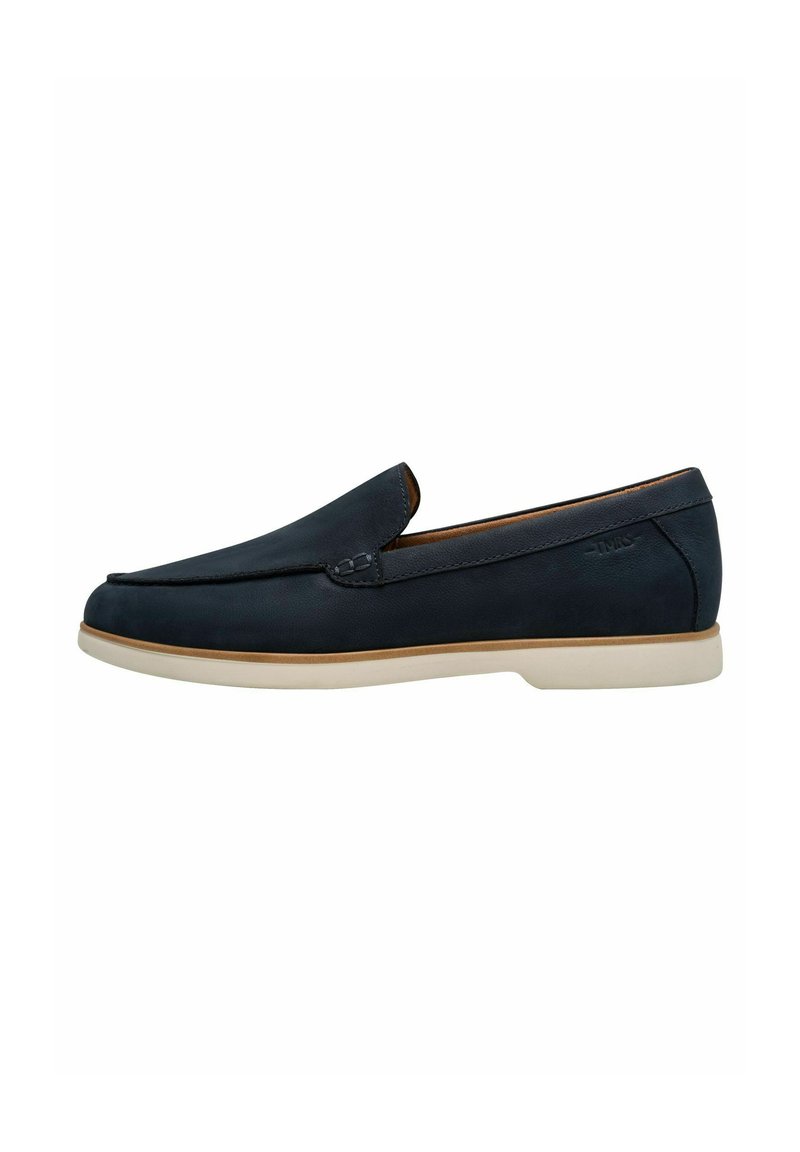 Marinblå slip-on sko i läder med en slät yta, med en ljusgummisula och subtila sömdetaljer längs ovandelen.