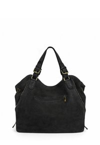 Sac à main en daim noir avec double poignées supérieures, ferrures dorées et poche zippée à l'avant. Présente une finition douce et texturée ainsi qu'un design pratique.