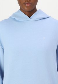 Felpa blu chiaro in morbido tessuto con una vestibilità rilassata, dotata di cappuccio regolabile e un piccolo logo bianco sul petto.