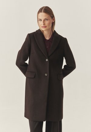 Brauner Wollblazer mit Reverskragen, zwei Knöpfen und vorderen Taschen. Klare Linien und taillierte Silhouette.