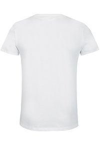 Weißes kurzärmliges T-Shirt aus Baumwolle. Schlichtes Design mit Rundhalsausschnitt und geradem Schnitt, hat eine einfarbige Textur und keine Muster.