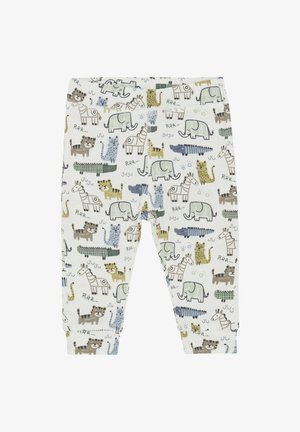 Katoenen leggings met een speelse dierenprint in gedempte kleuren van groen, grijs en geel op een lichte achtergrond. Elastische tailleband.