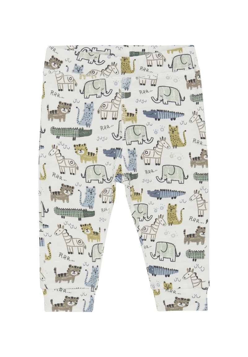 Legging en coton avec un imprimé animalier fantaisiste sur l'ensemble en couleurs atténuées de vert, gris et jaune sur un fond clair. Taille élastique.