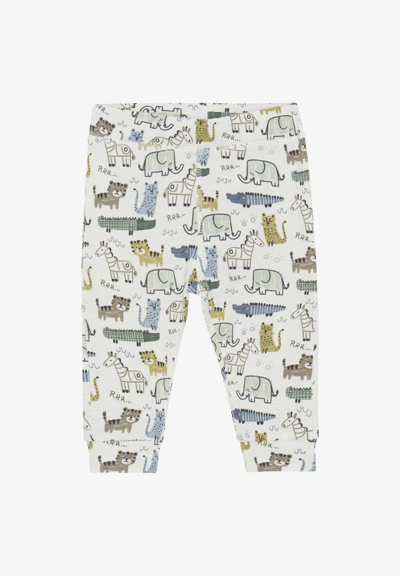 Baumwollleggings mit einem verspielten, allover Tierdruck in gedämpften Farbtönen von Grün, Grau und Gelb auf einem hellen Hintergrund. Elastischer Bund.