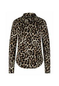 Langsleeve button-up shirt met een bruin, zwart en crème luipaardprint patroon en puntige kraag.