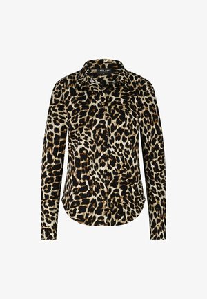 Langsleeve button-up shirt met een bruin, zwart en crème luipaardprint patroon en puntige kraag.