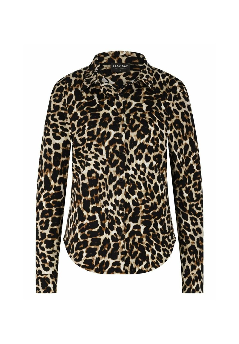 Langsleeve button-up shirt met een bruin, zwart en crème luipaardprint patroon en puntige kraag.
