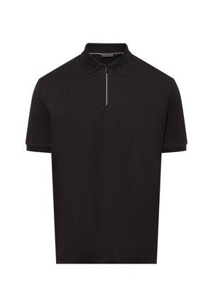 Schwarzes Polohemd mit kurzen Ärmeln, das über einen Reißverschlusskragen und eine weiche Textur verfügt. Einfaches Design ohne Muster oder Akzente.