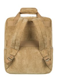 Zaino in corduroy beige con superficie testurizzata, spallacci imbottiti e manico superiore; dotato di spallacci regolabili e chiusura a zip.
