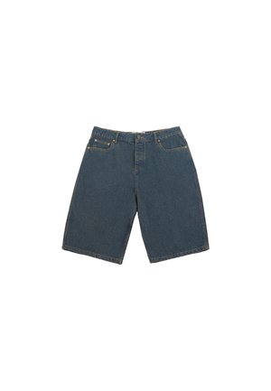 Pantalones cortos de mezclilla en azul oscuro, con un corte recto, diseño de cinco bolsillos, cierre de cremallera y botón de metal, con costuras visibles y detalles en el dobladillo.