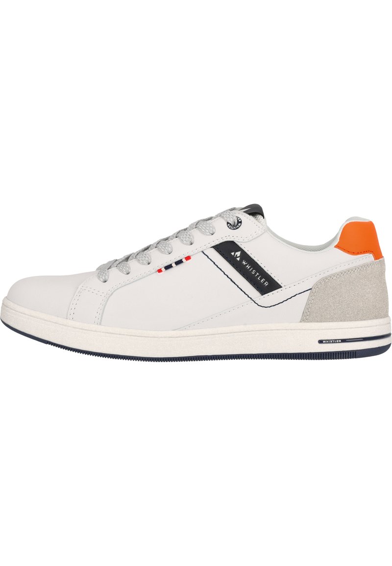 White sneaker with grey laces, black accents, and orange heel detail. Features a suede section on the heel and a textured rubber sole.