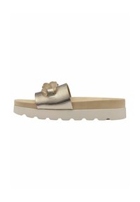 Infradito metalliche dorate con una fascia testurizzata che presenta un accento a forma di fiore tridimensionale. Suola in schiuma beige con un motivo ondulato.