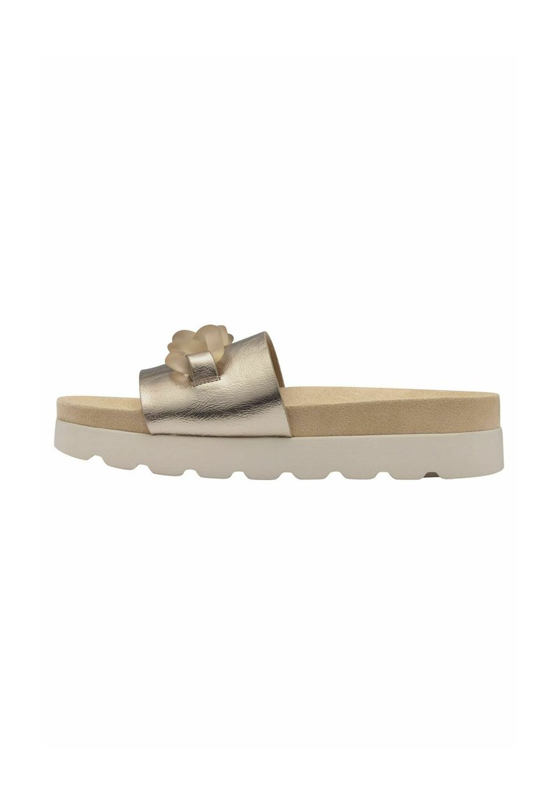 Infradito metalliche dorate con una fascia testurizzata che presenta un accento a forma di fiore tridimensionale. Suola in schiuma beige con un motivo ondulato.