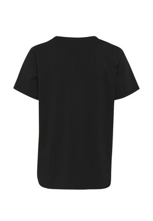 T-shirt noir à manches courtes avec un col rond et une texture lisse. Le dos est uni sans motifs ni détails matériels.