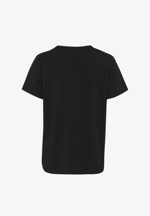 Tricou negru cu mânecă scurtă, guler rotund și textură netedă. Spatele este simplu, fără modele sau detalii hardware.