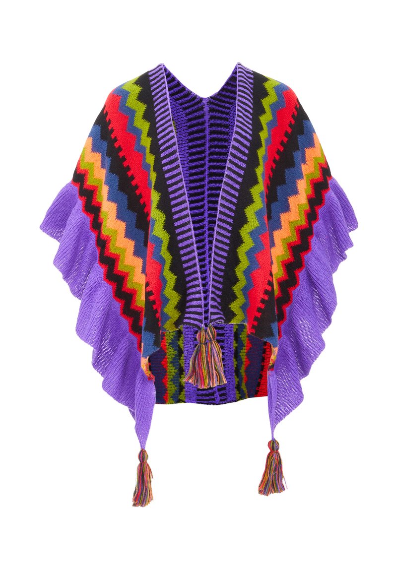 Poncho colorat, cu un model zigzag vibrant în roșu, verde și negru, având o bază mov, margini franjurate și ciucuri decorative.