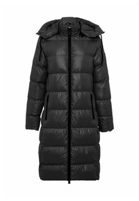 Schwarzer gesteppter Steppmantel in mittlerer Länge mit gesteppter Textur, Kapuze, Frontreißverschluss und seitlichen Reißverschlusstaschen.