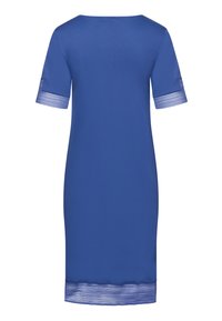 ABito blu con maniche corte. Tessuto morbido, taglio dritto e ornamento decorativo testurizzato ai bordi delle maniche. Design semplice ed elegante.