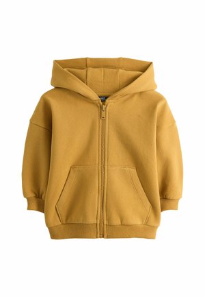 Mustard yellow zip-up hoodie with front pockets, long sleeves, and ribbed cuffs and hem, designed for children.