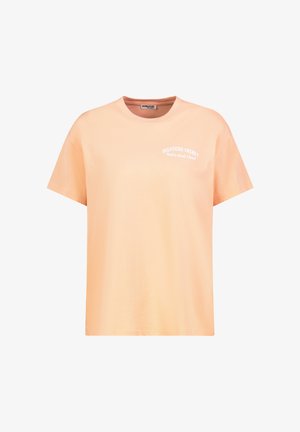 Light peach short-sleeve t-shirt with round neck and white text "Delicious Cherry That's what I love!" on upper left chest.