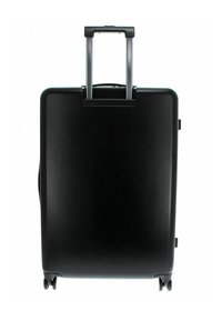 Valise rigide noire avec une poignée rétractable et quatre roues, dotée d'une finition mate lisse et d'une forme rectangulaire simple.