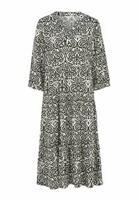 Schwarzes und weißes gemustertes Kleid mit V-Ausschnitt, drei Viertel-Ärmeln und einem gestuften Rockdesign. Hergestellt aus leichtem Stoff.
