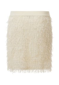 Krótka, kremowa mini spódniczka z teksturowanym, frędzlawo zaprojektowanym wykończeniem, z gładkim elastycznym pasem. Materiał wydaje się miękki i przewiewny.