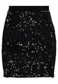 Minifalda negra con lentejuelas, de diseño ajustado, que presenta una cinturilla suave y una superficie texturizada cubierta de brillantes lentejuelas plateadas.