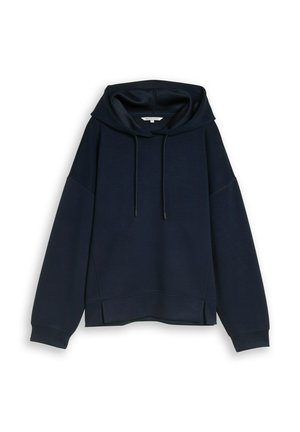 Marineblaue oversized Kapuzenjacke mit langen Ärmeln, vorderen Kordelzügen und Seitenschlitzen am Saum, dargestellt vor weißem Hintergrund.