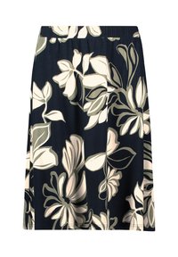 Blumenmuster-Rock in Marineblau mit großen cremefarbenen und olivgrünen Blumen. Gummibund, knielange Schnittführung und weicher Stoff.