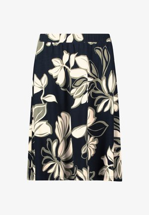 Spódnica we wzór kwiatowy w granatowym kolorze, z dużymi kremowymi i oliwkowymi kwiatami. Elastyczny pasek w talii, długość do kolan oraz miękka tekstura.