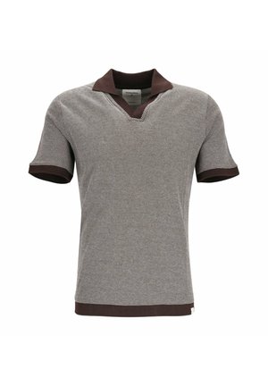 Kurzärmeliges Strick-Poloshirt mit braunem Kragen, Ärmelbündchen und Saum, aus feinem hellgrauem und schwarzem gemustertem Stoff.