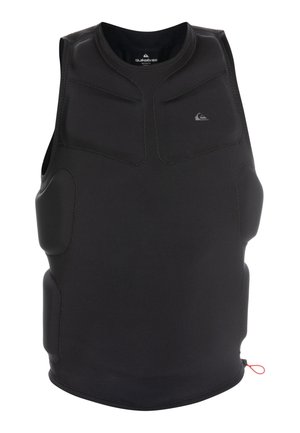 Schwarze Neoprenweste mit ärmellosem Design, gepolsterten Bereichen an der Brust und den Seiten, Flachnahtnähten und einem roten Zugband am unteren Ende.