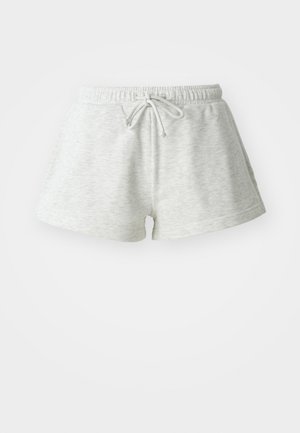 Light gray cotton shorts with a drawstring waist, featuring a soft texture and a relaxed fit, ending above the mid-thigh.
