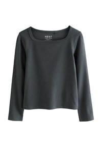 Haut gris foncé à manches longues en tissu côtelé, avec un large col rond et une coupe décontractée. Pas de motifs ou d'accents visibles.