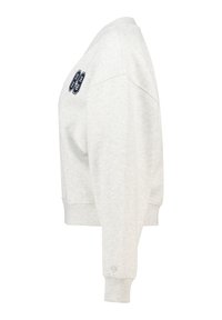 Light gray cropped sweatshirt in soft fabric, featuring ribbed cuffs and hem, with a navy embroidered number '89' on the left shoulder.