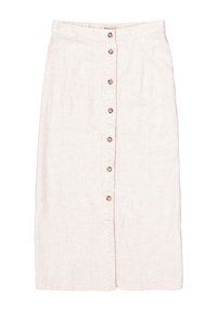 Jupe en lin rose clair avec une silhouette droite, fermeture à boutons sur le devant et un subtil détail volant le long de la couture.