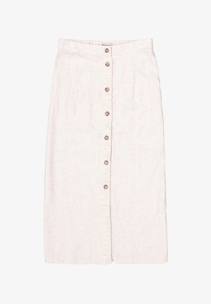 Lichtroze linnen rok met een rechte silhouet, sluiting met knopen aan de voorkant en subtiele ruches langs de naad.