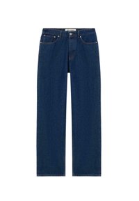 Jeans de mezclilla azul oscuro con un diseño de pierna recta, estilo de cinco bolsillos y costuras naranjas contrastantes. Acabado limpio y clásico.