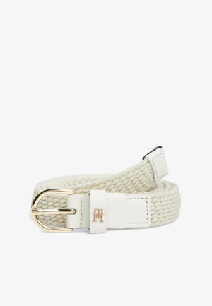 Austa krēmkrāsas auduma josta ar gludu baltu ādas siksnu un zelta toņa sprādzi, uz ādas daļas ar zīmola logotipu.