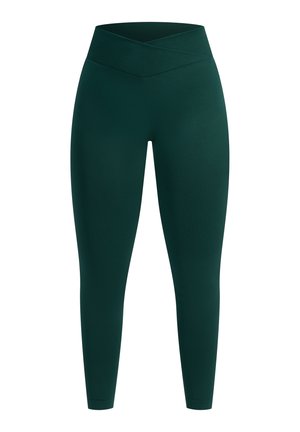 Grønne leggings i fuld længde med en høj, krydset ribbet talje. Glat tekstur og tætsiddende design, velegnet til aktiv eller afslappet brug.