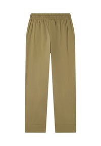 Pantaloni di un verde oliva chiaro, ampi, con elastico in vita, gambe rette e un tessuto liscio e leggero. Nessun motivo o accento visibile.