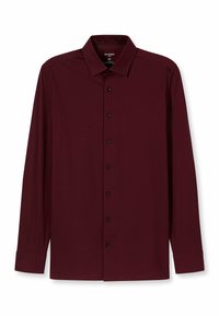 Bordeauxrotes Langarmhemd mit klassischem Kragen, schwarzen Knöpfen und glatter, leichter Textur. Schlichtes Design, strukturierte Passform.