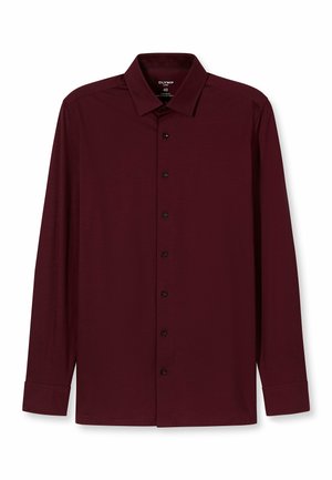 Bordeauxrotes Langarmhemd mit klassischem Kragen, schwarzen Knöpfen und glatter, leichter Textur. Schlichtes Design, strukturierte Passform.