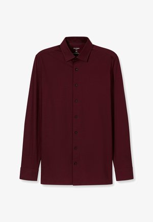 Bordeauxrode blouse met lange mouwen, een klassieke kraag, zwarte knopen en een gladde, lichte textuur. Eenvoudig ontwerp, gestructureerde pasvorm.