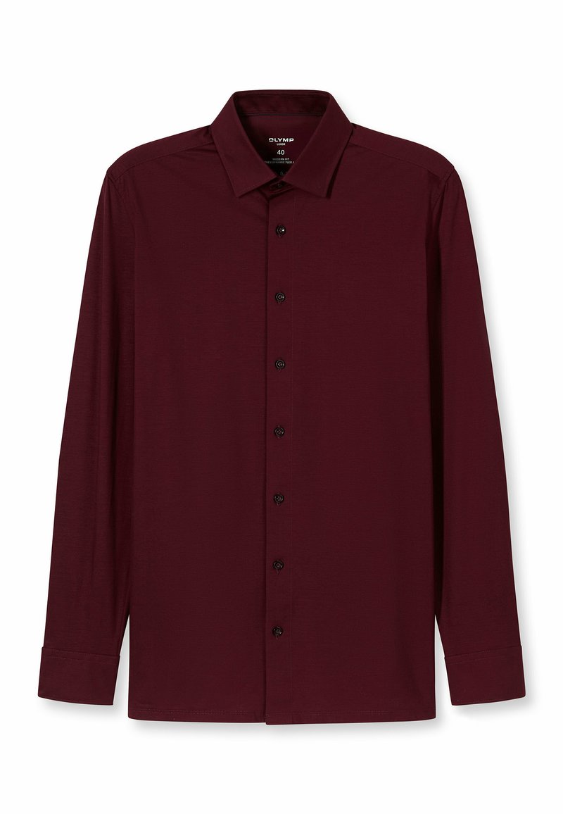 Bordeauxrotes Langarmhemd mit klassischem Kragen, schwarzen Knöpfen und glatter, leichter Textur. Schlichtes Design, strukturierte Passform.