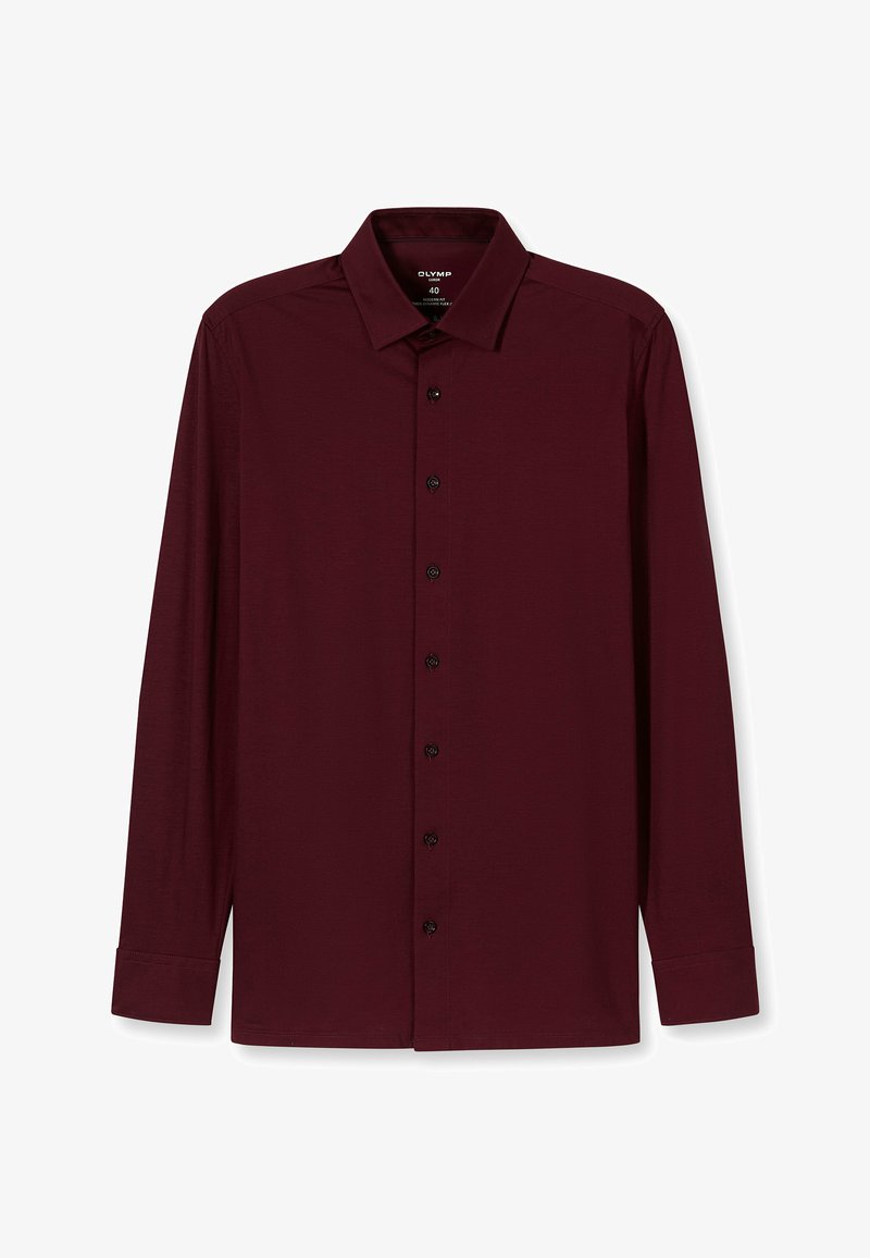 Bordeauxrotes Langarmhemd mit klassischem Kragen, schwarzen Knöpfen und glatter, leichter Textur. Schlichtes Design, strukturierte Passform.