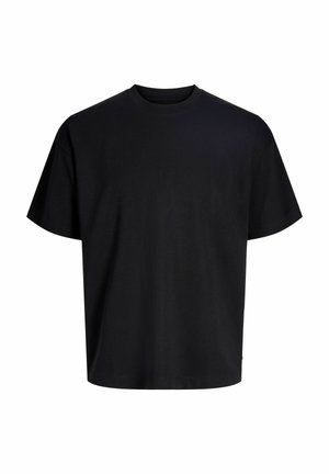 Tricou negru simplu cu mânecă scurtă și guler rotund, cu croială lejeră, prezentat pe fundal alb.