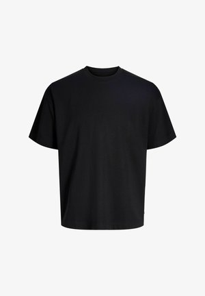 T-shirt nera semplice a maniche corte con scollo rotondo e vestibilità comoda, mostrata su sfondo bianco.